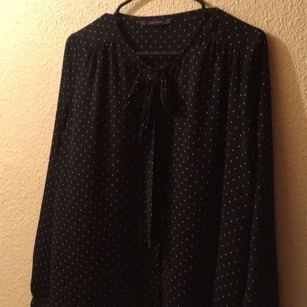 Zara navy tie neck polka dot blouse